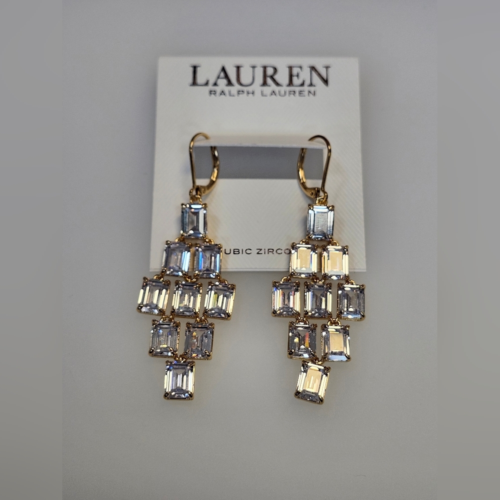 NWT Ralph Lauren Gold Cz Chandelier Earrings - Picture 3 of 3